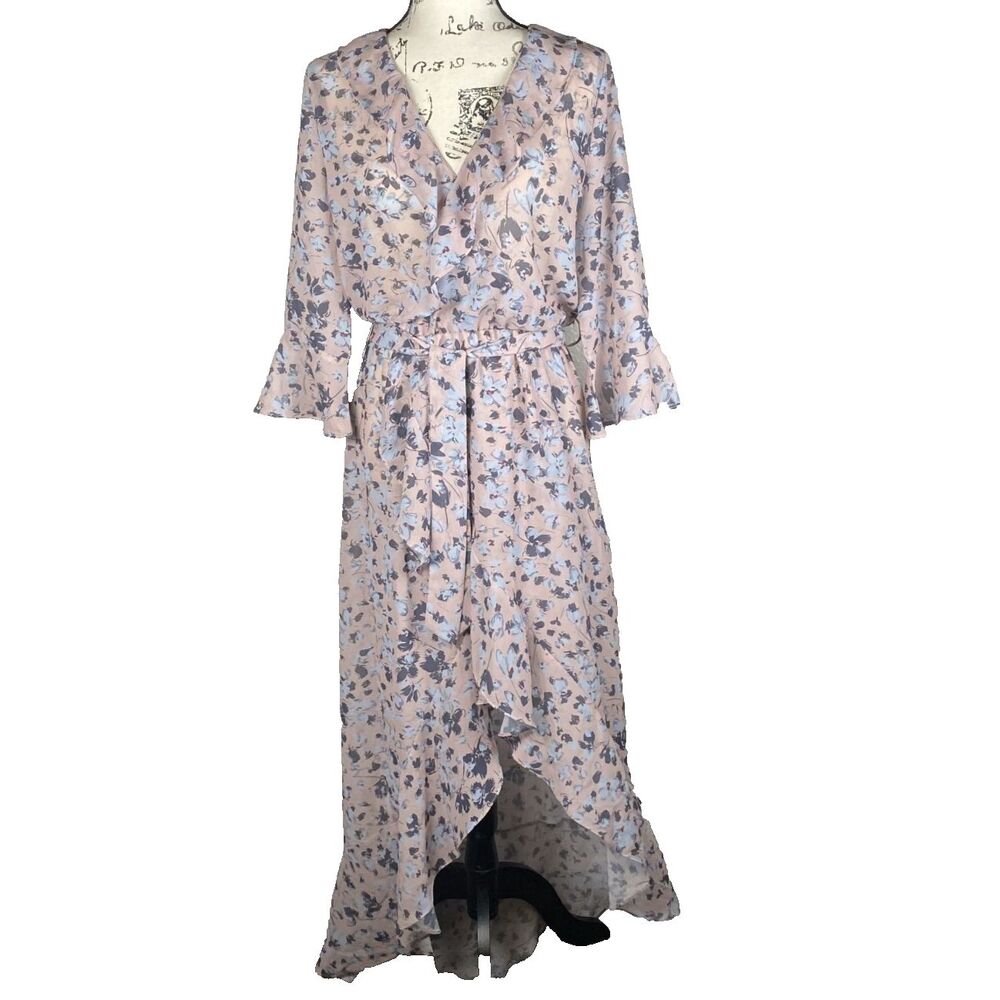 Anthropologie Sz M Faux Wrap Hi Low Maxi Dress Floral Ruffle 3/4 Bell Sleeve